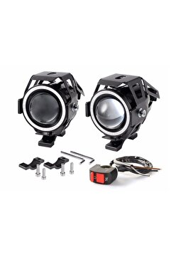 Autoline U7 Motosiklet Sis Farı Mercekli Büyük Kafesli Sarı Angel Işıklı Led (2 Adet Led + 1 Anahtar)