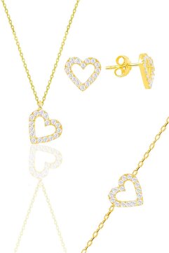 Söğütlü Silver Gümüş Altın Yaldızlı Zirkon Taşlı Kalp Kolye,bileklik Ve Küpe Üçlü Set Sgtl11885gold