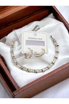 zeynep Z&D Accessory 316L Gold XoXo Zirkon Taşlı Çelik Bileklik Ve Küpe Seti taşli