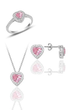 Söğütlü Silver Gümüş Rodyumlu Pembe Taşlı Pırlanta Montürlü Kalp Üçlü Set Sgtl11608
