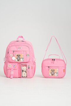 Roxbros Kawaii Kore Tarzı Aksesuarlı Ilkokul Sırt Çantası Kız Ve Isı Yalıtımlı Termoslu Beslenme Çantası Set