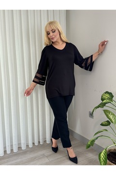 Genel Markalar KADIN BÜYÜK BEDEN YAKA TAŞLI KOLLARI TÜLLÜ ESNEK VİSKON TUNİK