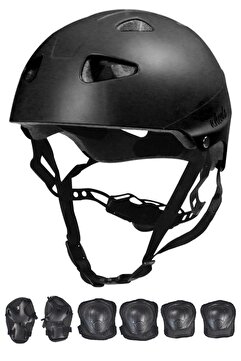 Sportaj Siyah Çocuk Kaskı Spor Koruyucu Kask Dizlik Dirseklik Donanım Seti Kaykay Bisiklet Scooter Paten içi