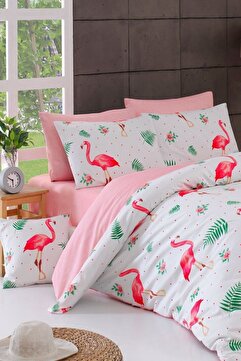 Loyal Home Flamingo Tek Kişilik Pamuklu Nevresim Takımı | 4 Parça | Çarşaflı, Yastıklı Set
