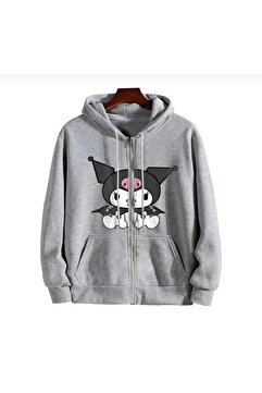 modaberry Kuromi Kalın Hırka - Gri Baskılı Kışlık Oversize Kapüşonlu Fermuarlı Cepli Hırka