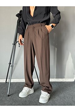 THEMANN Baggy Kalıp Pileli Boru Paçalı Kahve Pantolon