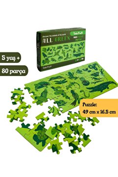 DoerKids All Green-Yeşil Hayvanlar Eğitici-Öğretici Midi Puzzle | 4-9 Yaş 80 Parça