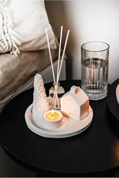 LALEZEN HOME Dekoratif 5li Mumluk Set - Ev Ağaç Koku Mumluk Yuvarlak Tepsi