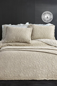 Evlen Home Collection %100 Pamuk Çift Kişilik Pike Takımı Özel Taş Yıkama Yatak Örtüsü Yumuşak Modern Rabio Bej