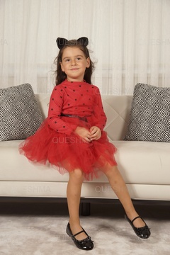 QUESHMA Kız Bebek Çocuk Prenses Kabarık Tütü Elbise Puantiyeli Uzun Kol Esnek Likralı Kırmızı