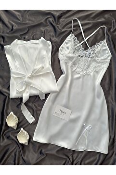 Lena Homewears Saten İkili Ekru Gecelik Sabahlık Seti