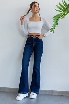 MAKRAS EXCLUSIVE Flora Ispanyol Lacivert Kot Yüksek Bel Likralı Ekstra Esnek Flare Jeans Kot Pantolon