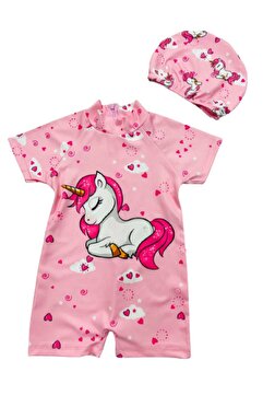 Lolliboomkids Kız Çocuk Pembe Renk Kısa Kol Hassas Ten Boneli Yarım Fermuarlı Mayo Takımı