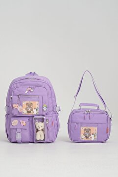 Roxbros Kawaii Kore Tarzı Aksesuarlı Ilkokul Sırt Çantası Kız Ve Isı Yalıtımlı Termoslu Beslenme Çantası Set