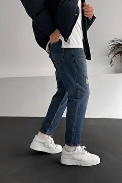NO61 MAN Boyfriend Rahat Kalıp Mavi Taşlamalı Kot Pantolon