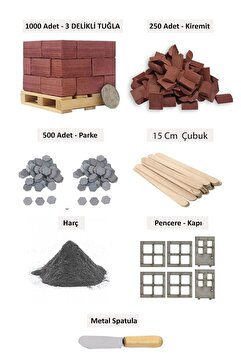 Minyatür Hane Minyatür Inşaat Seti 1000 Tuğla 250 Kremit 500 Parke Taşı Meral Spatula Harç