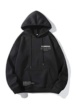 Altamira Unisex Siyah Happiest Baskılı Oversize Kapşonlu Sweatshirt