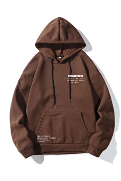 Altamira Unisex Kahverengi Happiest Baskılı Oversize Kapşonlu Sweatshirt