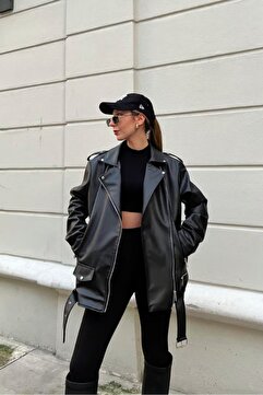 buqre's moda Oversize Kadın Uzun Biker Deri Ceket