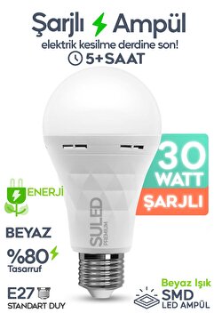 SULED Şarjlı Ampül 30w Ultra Acil Durum & Kamp Işığı 220v Beyaz E27 Duy Otomatik %80 Tasarruflu
