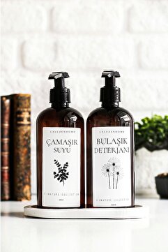 LALEZEN HOME Beyaz Stantli Çiçekli Çamaşır Suyu Ve Bulaşık Deterjanı Etiketli Plastik Şişe 500 Ml
