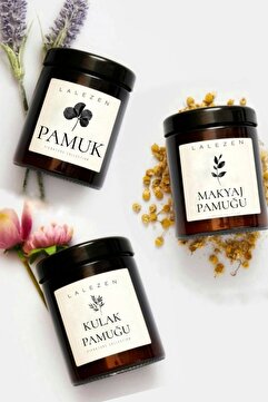 LALEZEN HOME Kulak Pamugu - Makyaj Pamuğu - Pamuk Etiketli Plastik Amber Kavanoz Banyo Düzenleyici