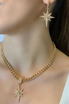 CanElif Accessories Kadın Gold Kuzey Yıldızlı Zirkon Taşlı Çağla Şikel Kolye Küpe Seti