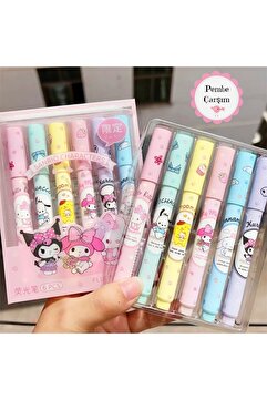 Pembe Çarşı Sanrio 6'lı İşaretleme Kalem Seti Kuromi , Hello Kitty , Cinnamoroll, PompomPurin, My Melody