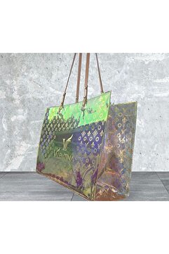 louis valentina Plaj Çantası Kadın Hologram Şeffaf Suni Deri Saplı Içcepli Beach Bag El Çantası