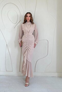 Elbee Fashion Woman Önü Büzgülü Şifon Elbise