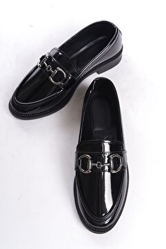 Entella Store Kadın Loafer Makosen Büyük Tokalı Siyah Rugan Günlük Ayakkabı
