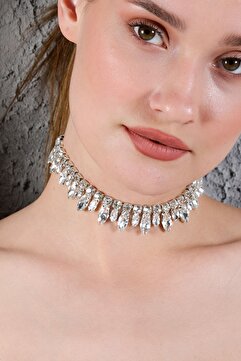 Furtek Aksesuar Kadın Büyük Küçük Badem Zirkon Taşlı Model Gümüş Pırlanta Abiye Düğün Nişan Gelin Kolye Tasma Choker