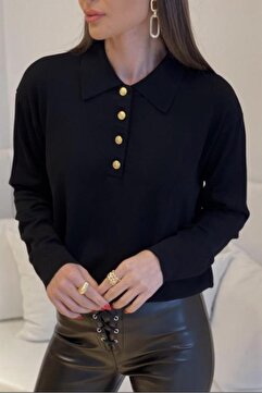 Ritnice Kadın Siyah Gold Düğme Detaylı Premium Doku Polo Yaka Triko Kazak
