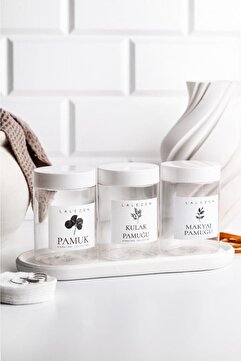 LALEZEN HOME Uzun Beyaz Stantlı Şeffaf Kulak Pamuğu -pamuk - Makyaj Pamugu Etiketli Kavanoz 200ml