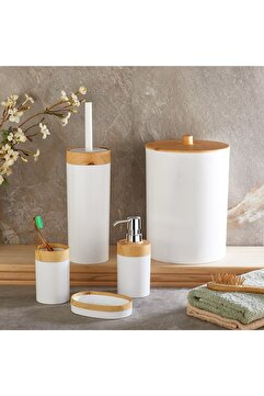 bersachef Limpia Bambu Desenli 5'li Banyo Seti Çöp Kovası Sıvı Sabunluk Diş Fırçalık Kutusu Banyo Seti Beyaz