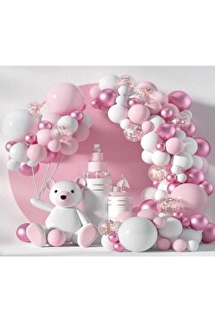 Genel Markalar 65 Adet Lüks Makaron Pembe , Krom Pembe ,Beyaz Balon Zinciri Doğum Günü Balon Seti