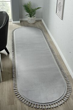 LİNOS HOME Puffy Açık Gri Oval Saçaklı Peluş Yolluk Yumuşacık Yıkanabilir Kaymaz Taban Halı Antre Hol Koridor