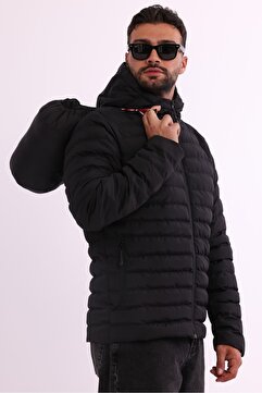 river green Erkek Siyah Rüzgar Geçirmez Kapüşonlu Taşınabilir Çantalı Elyaf Dolgulu Hafif Spor Mont