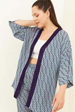 Curly Lacivert Desenli Kimono