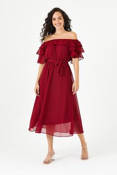 ADASTYLE Madonna yaka, Şifon, Bordo Elbise