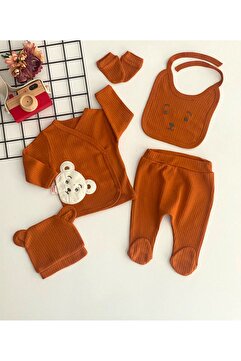 DERİNBEBE Neşeli Bebekler Organik Kumaş Ayıcık Nakışlı Desen 5 Parça Hastane Çıkışı Seti Kiremit