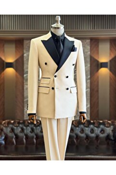 TerziAdemAltun İtalyan kesim slim fit kruvaze ceket pantolon damatlık set bej T11841