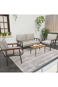Mygusi " Modern'' Serisi Balkon, Bahçe, Cafe - Metal Kanepe Koltuk Takımı - 2 1 1 Sehpa Hediyeli - Krem
