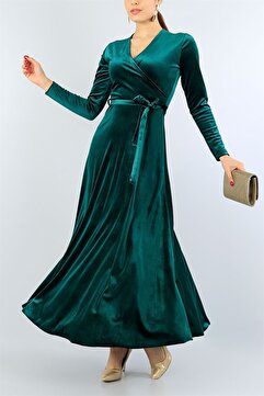 Phoenix Women Maxi Boy Kruvaze Yaka Kuşaklı Kadife Elbise