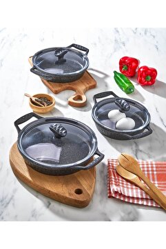Esta DÖKÜM 3'LÜ GRANİT LÜKS KAPAKLI SAHAN SETİ (18-20-22 CM ) Dayanıklı Döküm Granit Gövde