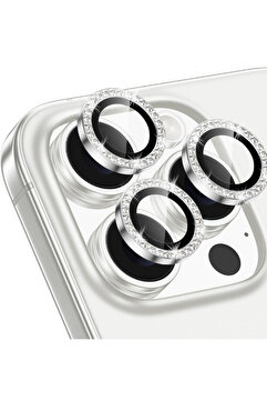 KVK PRİVACY Iphone 16 Pro/16 Promax Uyumlu Kamera Koruma Taşlı Lens Koruyucu Temperli Cam Koruma Silver
