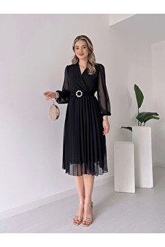 Viyamo Yeni Sezon Kadın Kruvaze Yaka Astarlı Kemerli Tül Midi Şifon Elbise