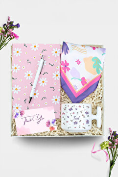 Trendmiya Pembe Tasarım Defter & Beyaz Tükenmez Kalem & T Kupa & Fular Hediye Seti