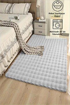 Raschel Carpet Açık Gri Yumuşak Bubble Kaymaz Özel Taban Peluş Halı Yolluk