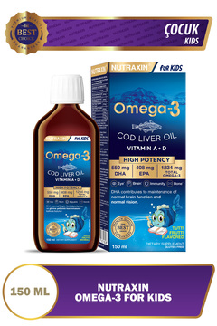 Nutraxin Omega 3 For Kids 150 ml – Yüksek DHA ve EPA A D E Vitaminli Tutti Frutti Aromalı